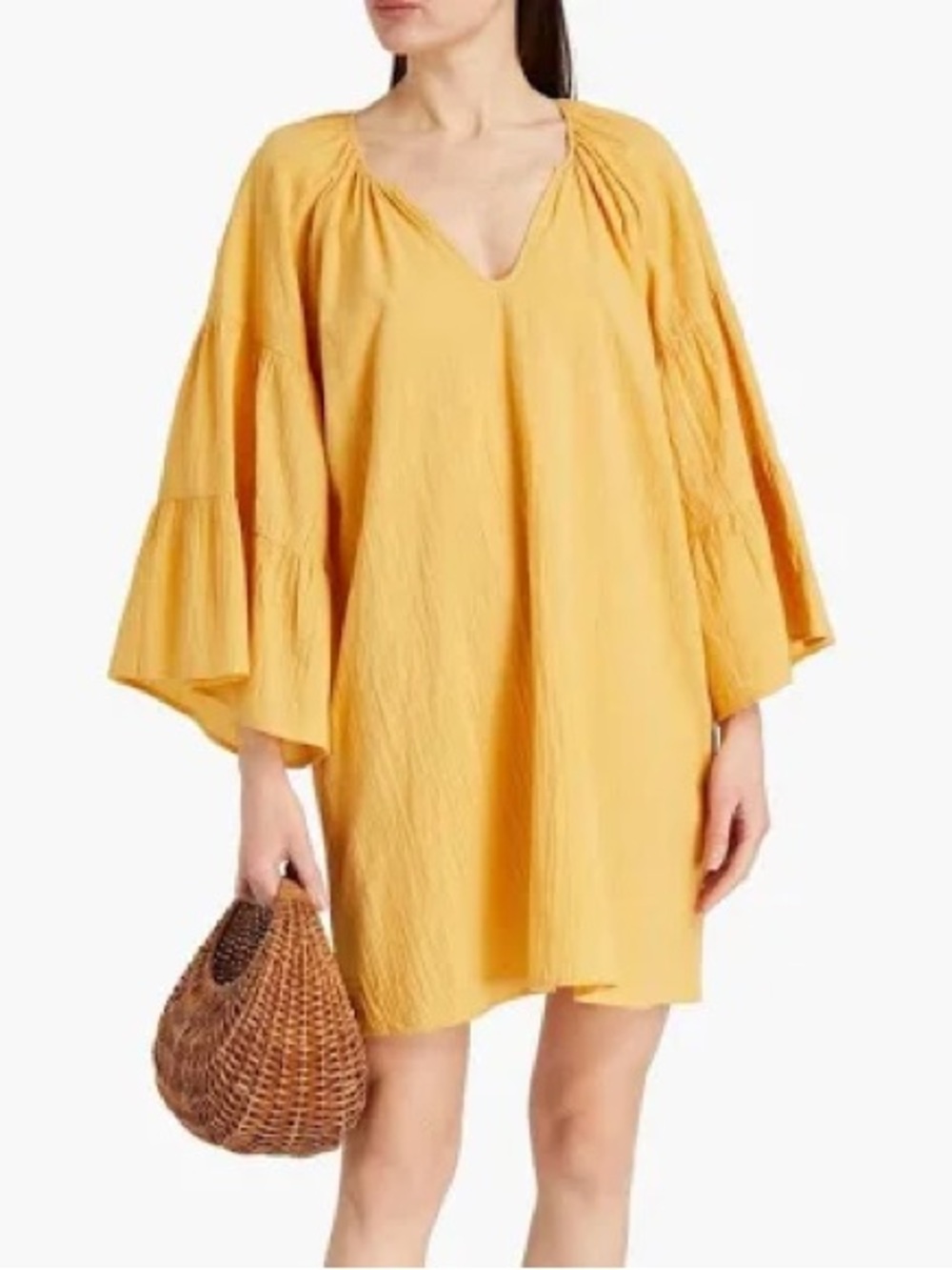 Seafolly Mustard Yellow Cotton Crinkle Tiered Tunic Beach Cover-Up Dress